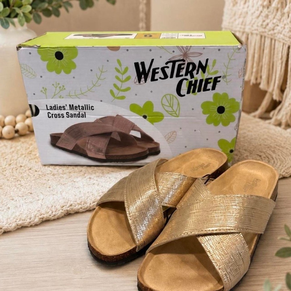 Western Chief metallic cross sandals in gold & brown